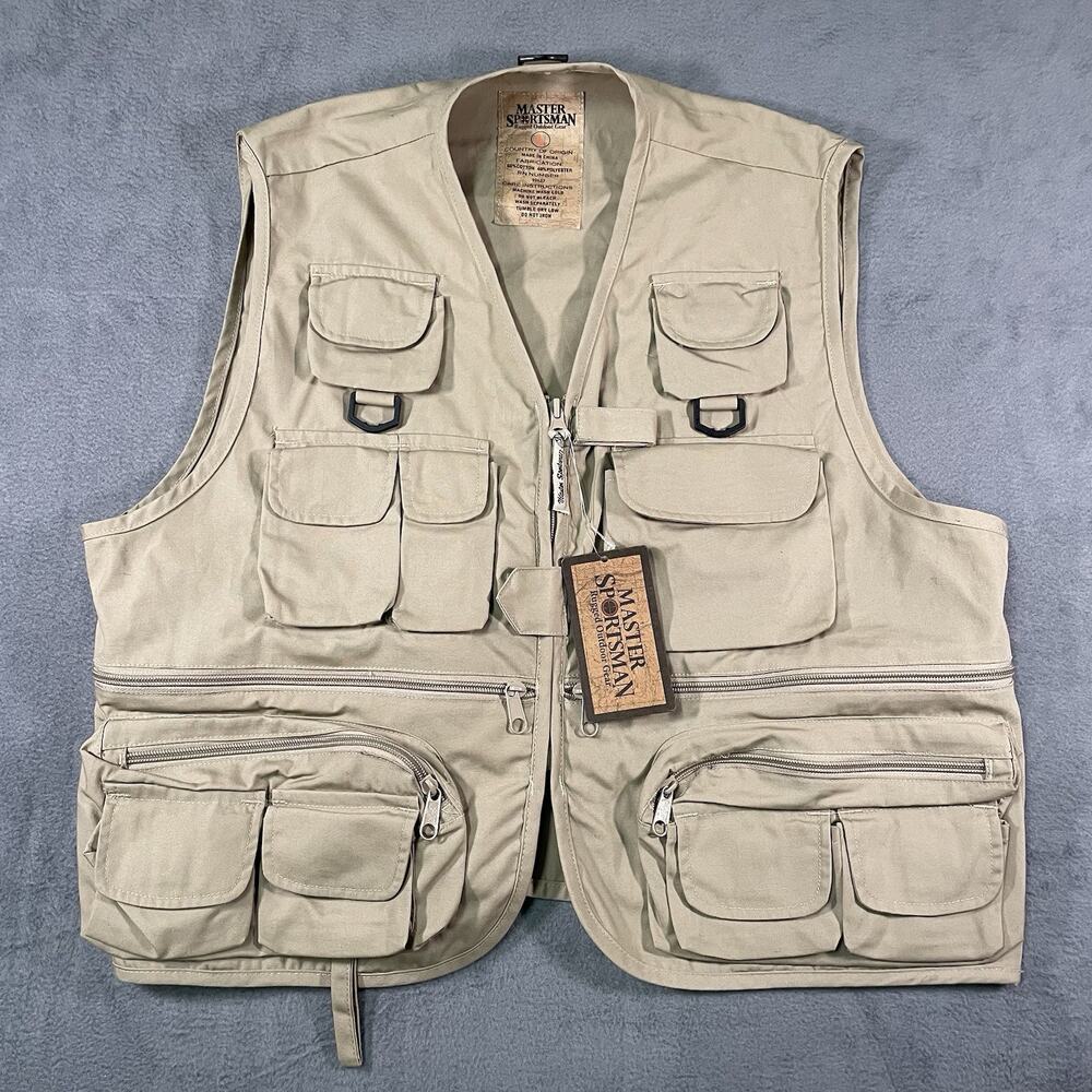 Master Sportsman Vest Tan Mens L Cotton Blend Fishing Utility Outdoor Hiking